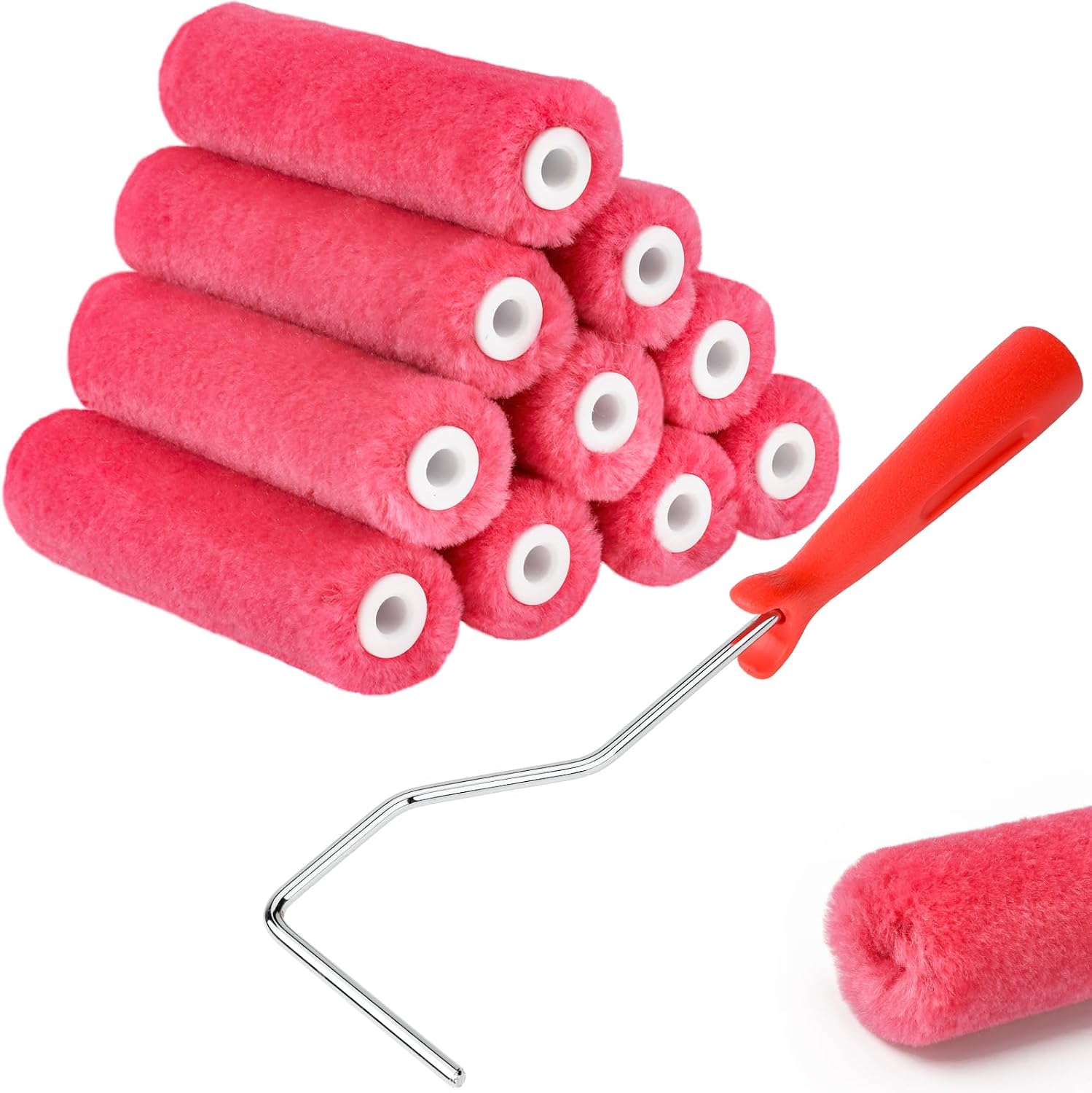 4 Inch Mohair Paint Roller Covers with Frame Kit, 1/4" Nap, 11 Pack | Lint-Free Small Mini Roller Refills, Smooth Finish for Painting Cabinets, Door, Walls, Furniture, Trim, All Paints & Stains