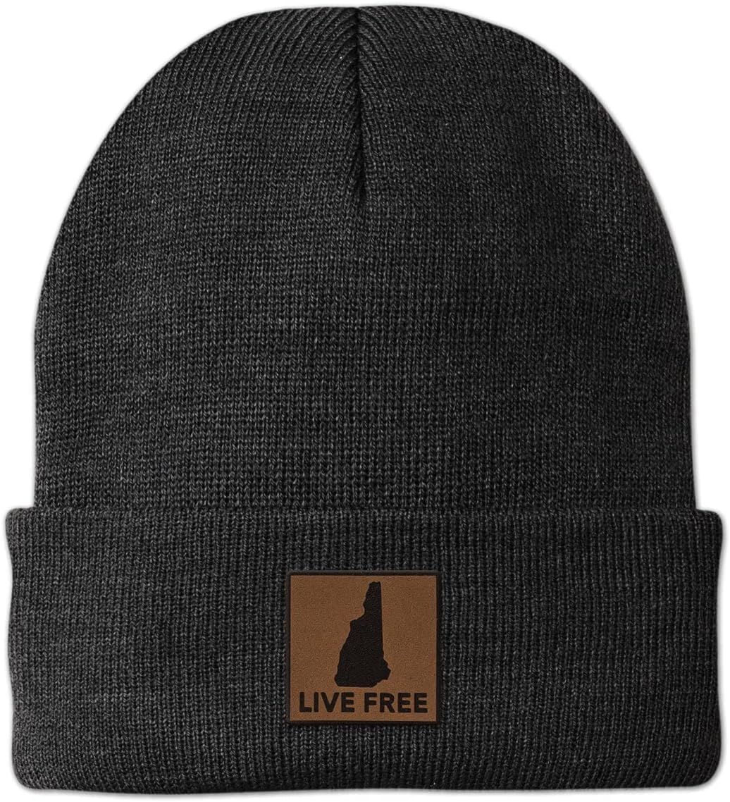 Chowdaheadz Live Free New Hampshire Leather Patch Cuff Knit - Unisex Winter Hat