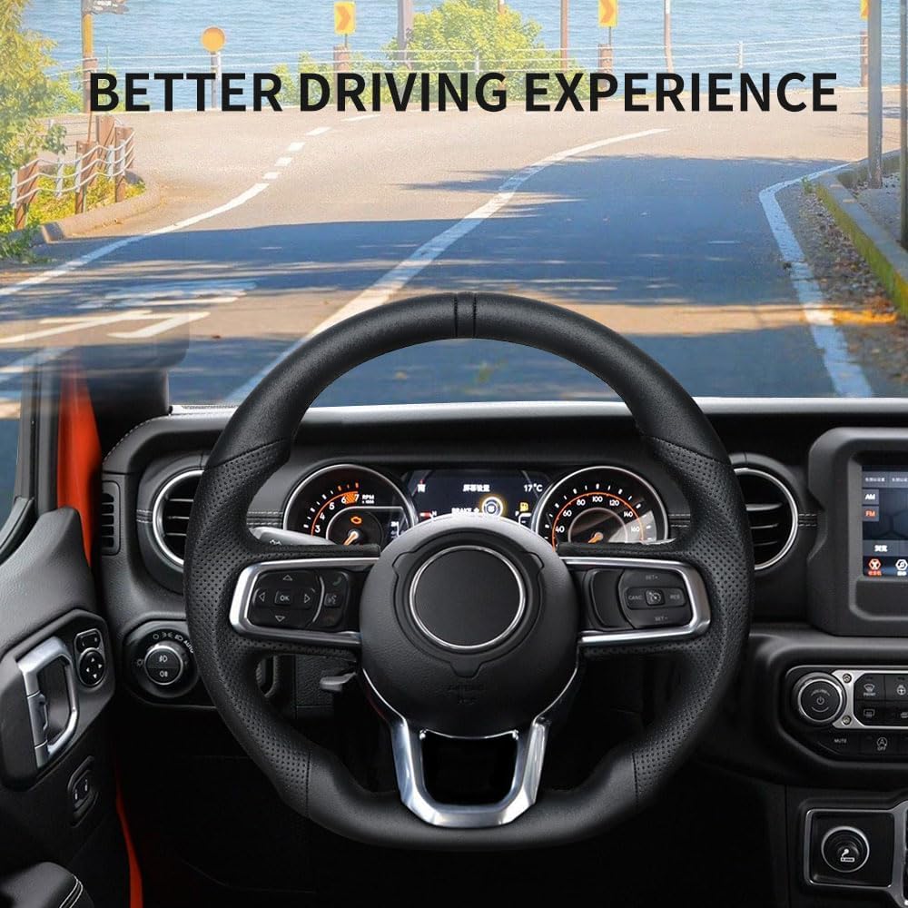 Full Leather Steering Wheel, D-shaped Preforated Leather Grip Steering Wheel Fit For Jeep wrangler JL/JT 2018-2024