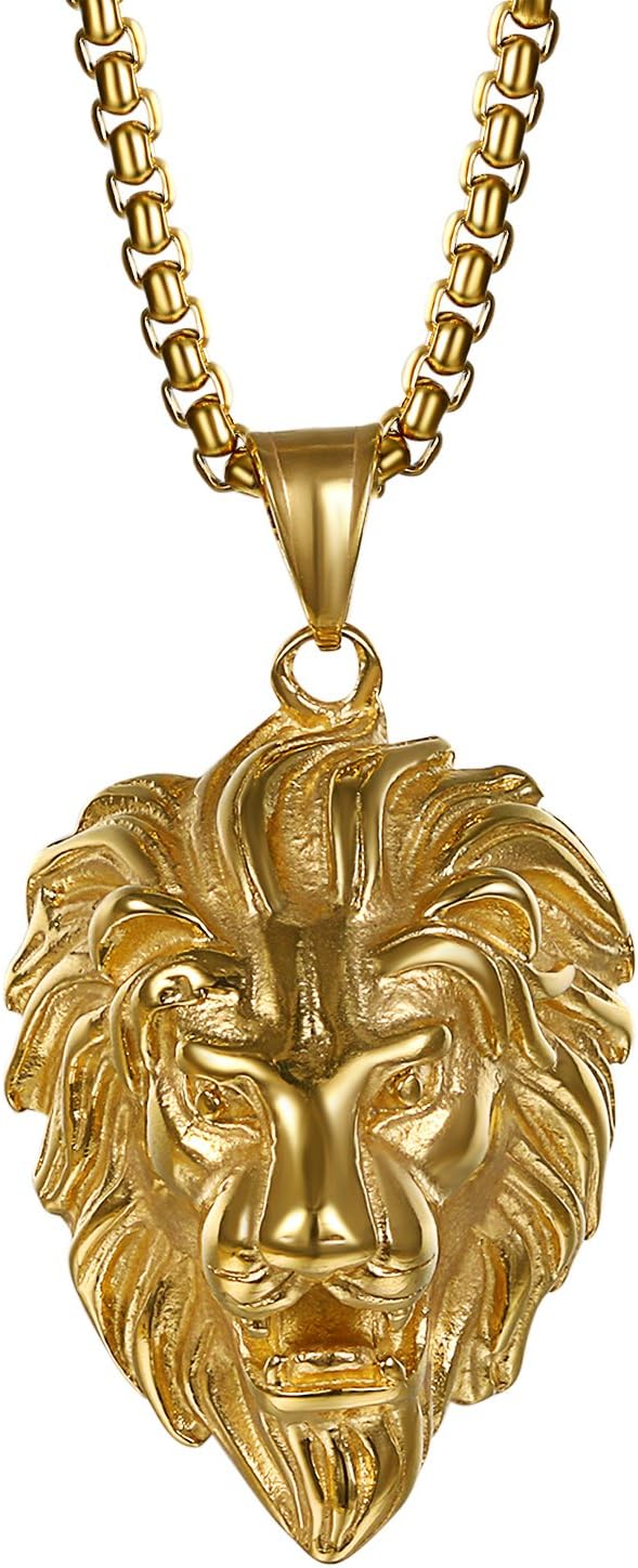 Mens Lion Necklace Pendant: Stainless Steel Lion Head Pendant 22" Link Chain