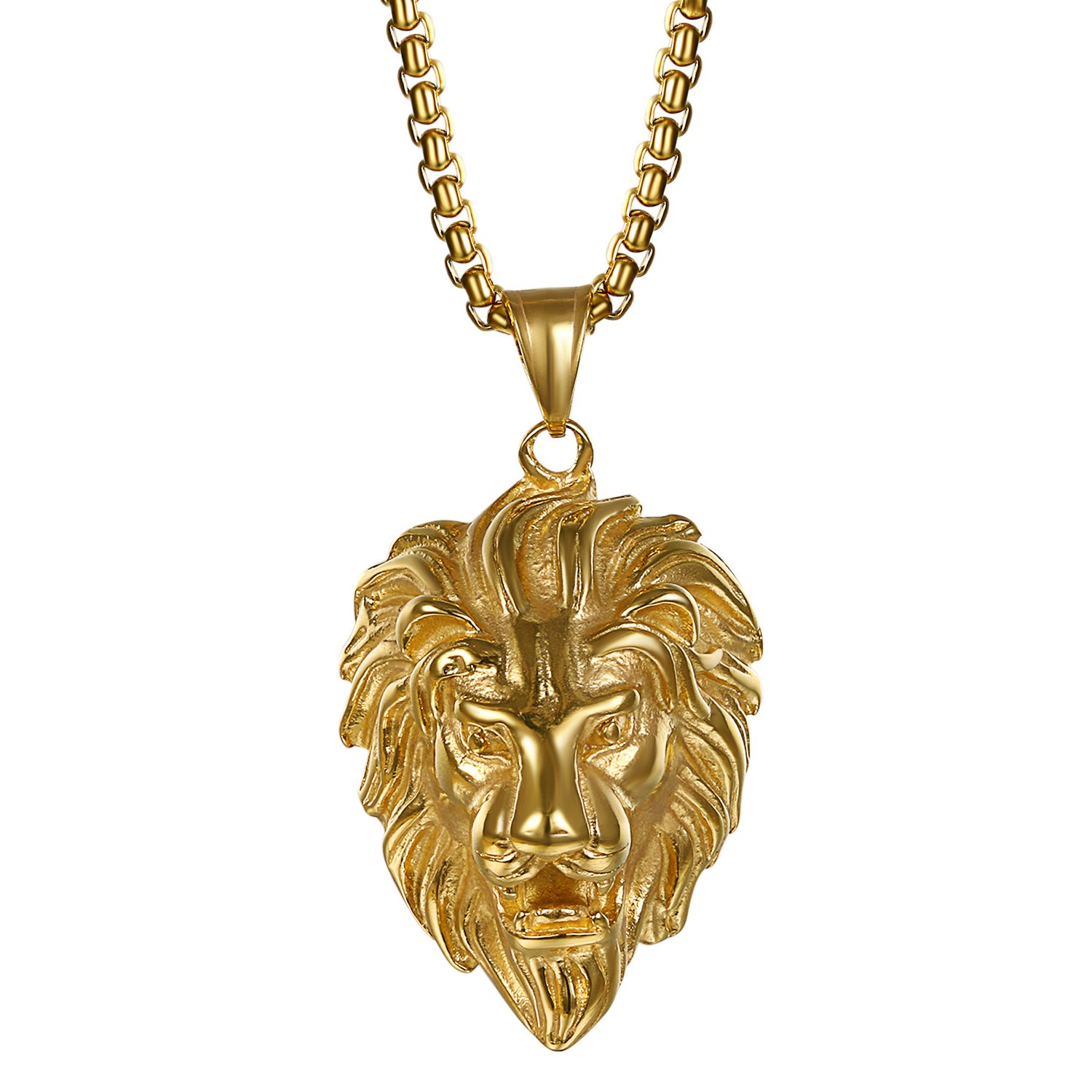 CupimatchLion Head Pendant Necklace, Mens Stainless Steel Gothic 22 Inch Biker Link Chain Gold Black