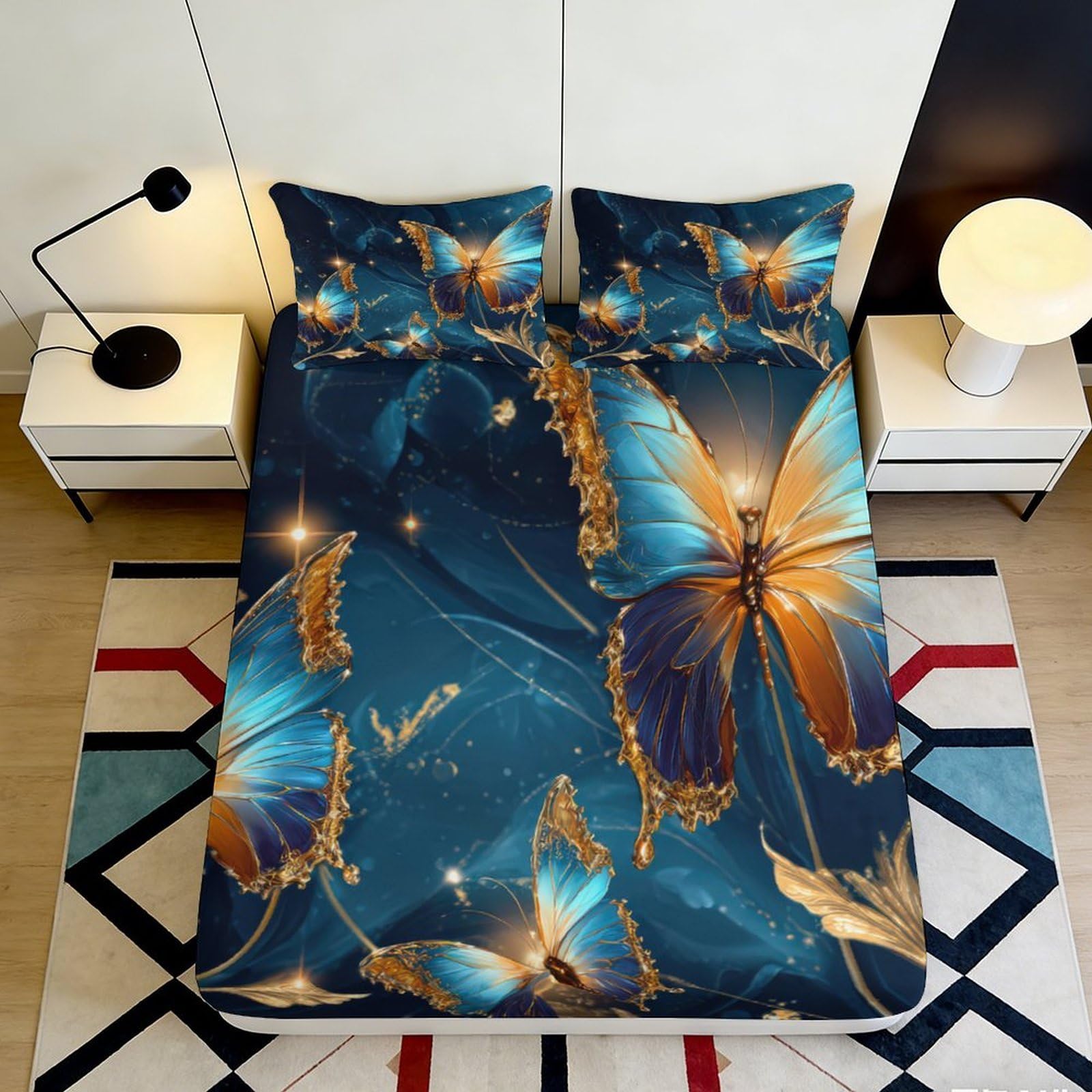 Jqzkxnhpbr Style-10 3D Printed Blue Butterfly Fitted Sheet Microfiber Soft Breathable Golden Butterfly Bed Cover For Bedroom Guest Room Decor 90X200x25cm