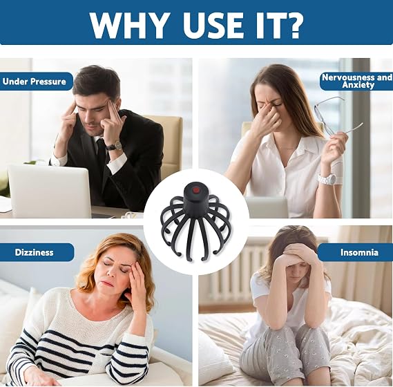 Octopus Head Massager Scalp, 360 Degree Head Massager, Electric Scalp Massager with 3 Modes, Cordless Portable Scalp Massagers for Relaxing, Stress Relief and Sleep Promotion