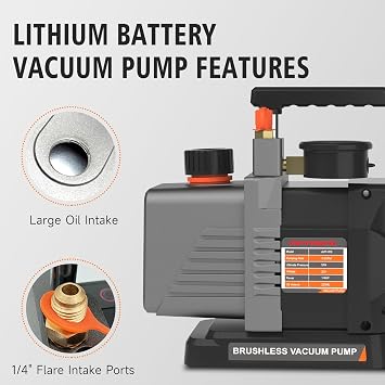 Cordless Vacuum Pump with Pressure Gauge, 3.5CFM 20V Lithium Battery DC Single Stage, 5Pa Ultimate Vacuum, 1/4HP Brushless Motor for Air Conditioner Refrigerant HVAC