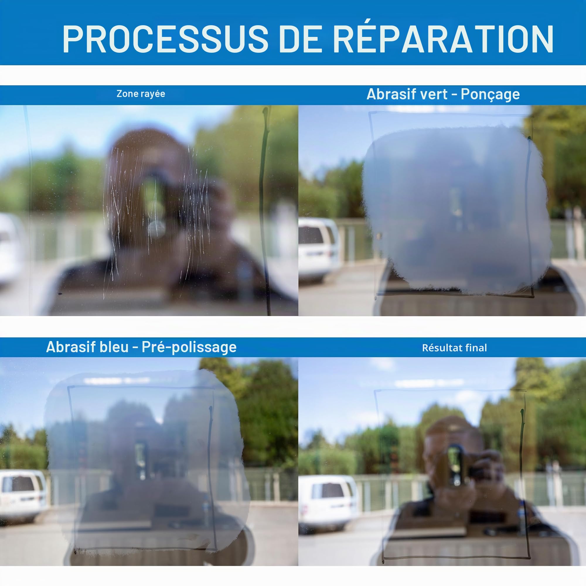 Glass Polish 125mm Pro Kit de Polissage Professionnel pour éliminer Les Rayures sur Le Verre. Élimine Les Rayures, Les Graffitis, Les dégâts d'eau et Les Traces d'acide, et restaure l'état d'origine.