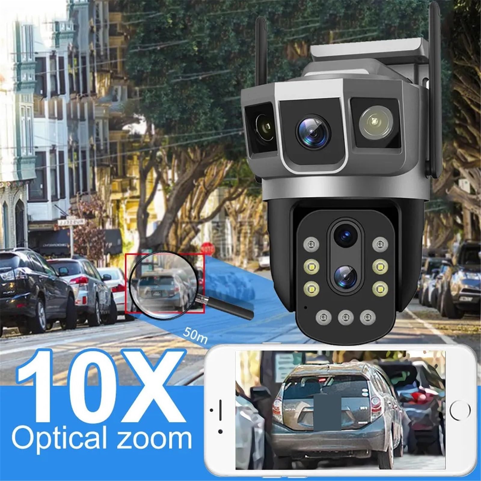 Telecamera di sicurezza, Telecamera IP 4G/WiFi a tre schermi da 2 MP, zoom ottico 10x, PTZ, monitoraggio automatico, visione notturna a colori, protezione di sicurezza wireless, monitor(128GB Card)