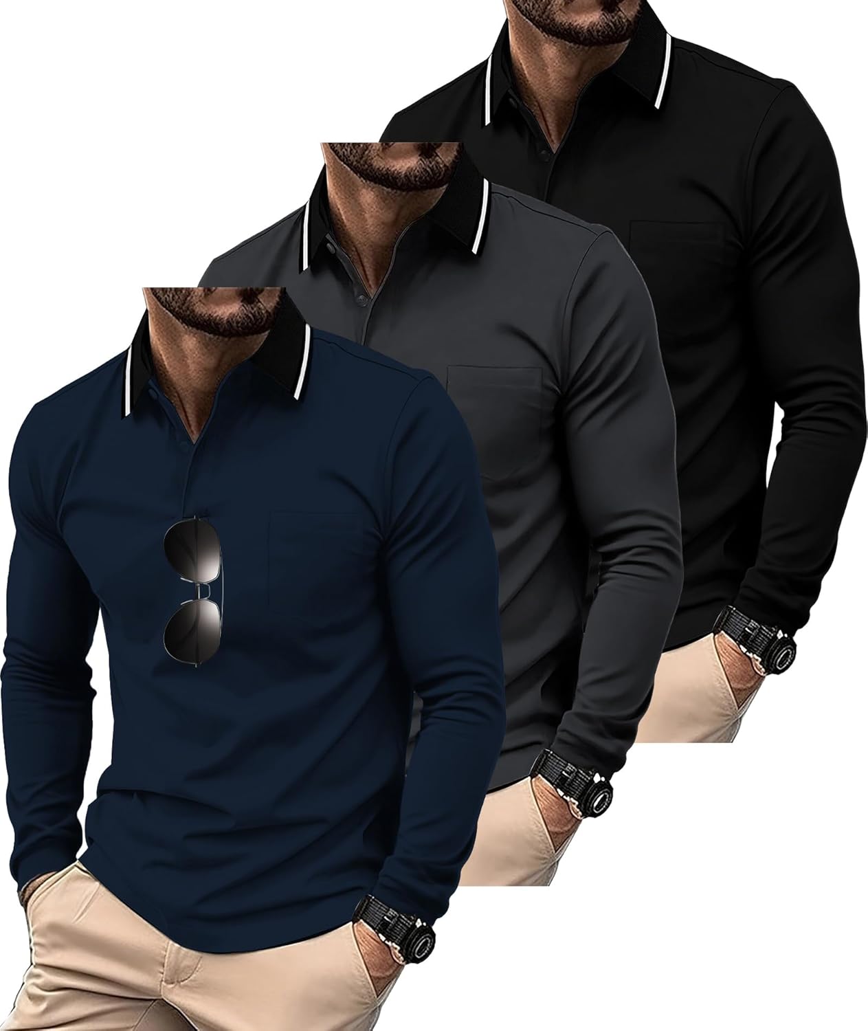 ZITY 3 Pack Men Polo Shirts Long Sleeve with Pocket Golf Shirts Shirts for Men Casual Work Athletic Collared T-Shirts
