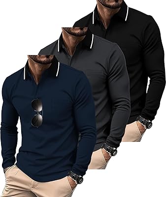 ZITY 3 Pack Men Polo Shirts Long Sleeve with Pocket Golf Shirts Shirts for Men Casual Work Athletic Collared T-Shirts
