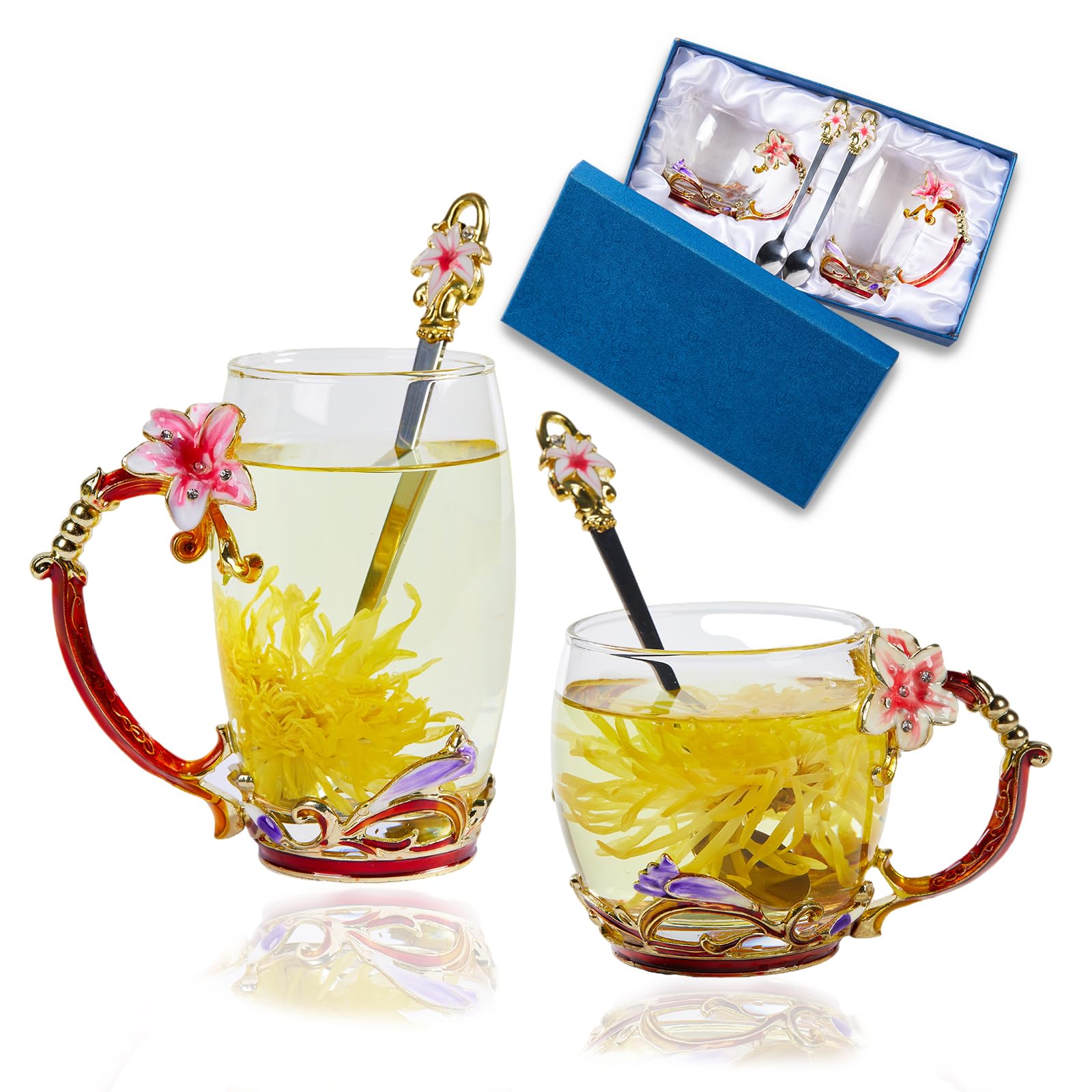 Tea Cup Glass Coffee Mugs,Fancy Cup Set Birthday Christmas Valentine's Day Gift Idea for Tea Lover and Women Novelty Coffee Mugs Lily Flower Enamel Tea Cup with Spoon