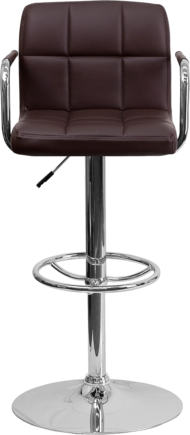 EMMA + OLIVER 2 Pack Brown Quilted Vinyl Adjustable Height Barstool with Arms and Chrome Base