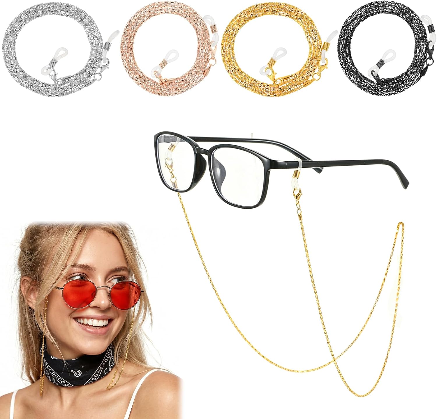 4 Pcs Eyeglass Chains for Women, Adjustable Glasses Holder Around Neck, Stylish Reading Lanyard Strap with Silicone Ends, Rose Gold Gold Silver Black