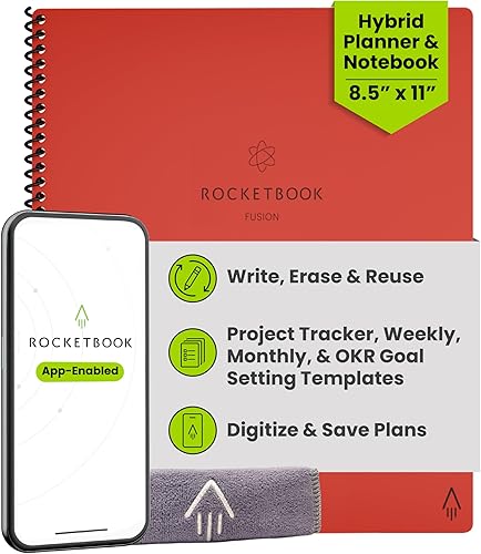 Rocketbook Fusion Planificador de Productividad Reutilizable Sin Fecha, Tamaño Carta 8.5x11, Rojo - Metas, Calendario Mensual y Semanal, Lista de