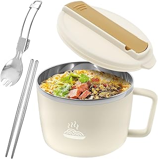 Stainless Steel Noodle Bowl Double Hollow Ramen Bowl 1200ml Large Capacity Instant Noodle Cup Good Sealing for Office Home