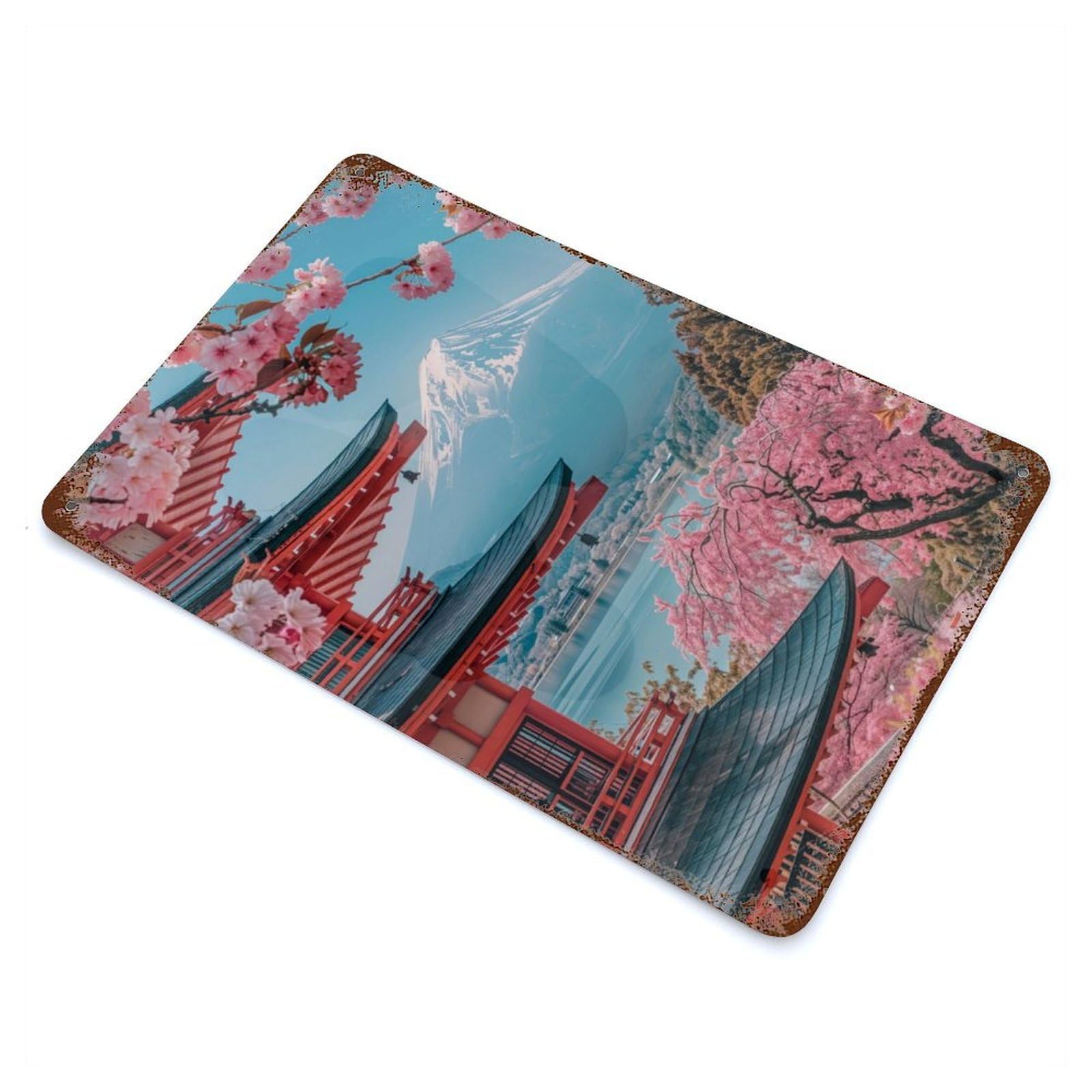 Japanese Sakura Temple Rusty Metal Tin Sign 11.8"x7.9", Ideal for Patio, Garden Room And Bar Decor