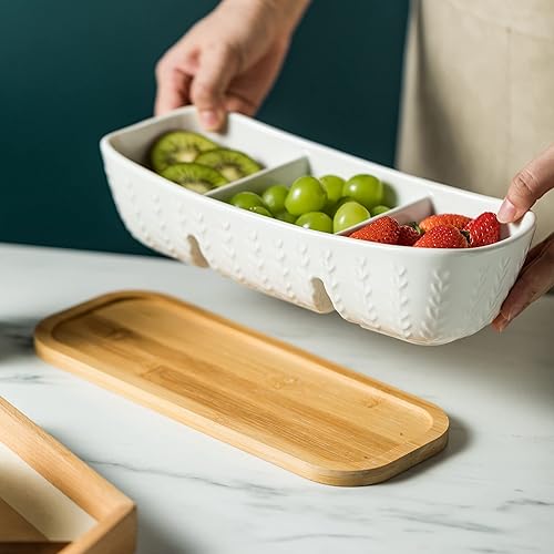 Miniatura 8 de Juego de servir chips y salsa con bandeja de madera de acacia, tortugas de salsa de mayólica, bandeja de condimentos para aperitivos, aperitivos,