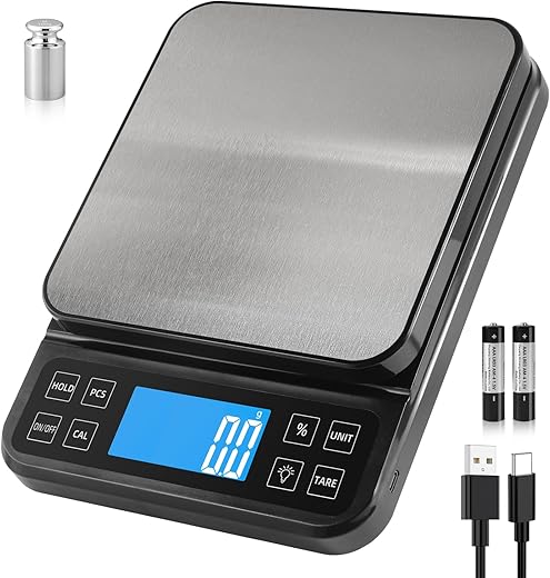 BOMATA Large Kitchen Scale with 0.1g High Precision, Capacity 5kg, Bakery Scale with% Percentage Function, USB Rechargeable, Full-View Angle LCD with Backlight, Stainless Steel Pan