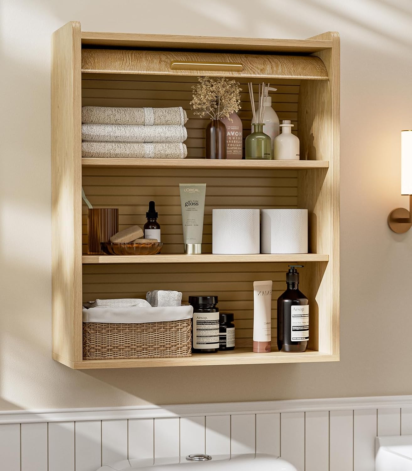Bathroom Wall Cabinet, Medicine Cabinet with Roll-Up Door & 3 Shelves, Over The Toilet Wall-Mounted Storage Cabinet, Natural