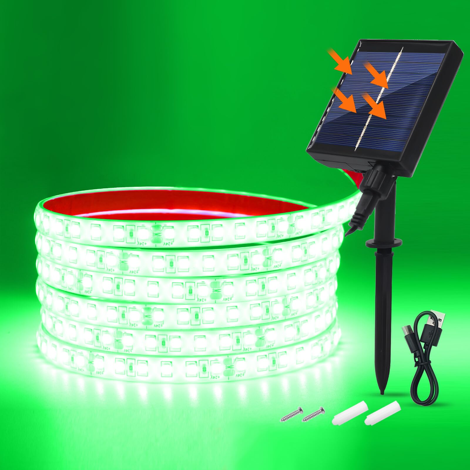 KAFULA 24V 8 Mode Solar Strip Light [2m,Green],IP68 Waterproof,1200MAH Solar Powered Flexible LED Rope Light CRI85+,Bedroom Garden Balcony Decorative Lighting