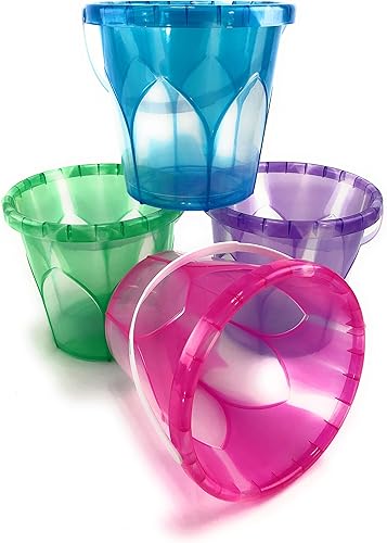 Matty's Toy Stop Beach Gear - Juego de cubos de arena de plástico opaco de 6.5 pulgadas, color azul, rosa, verde y morado, paquete de 4