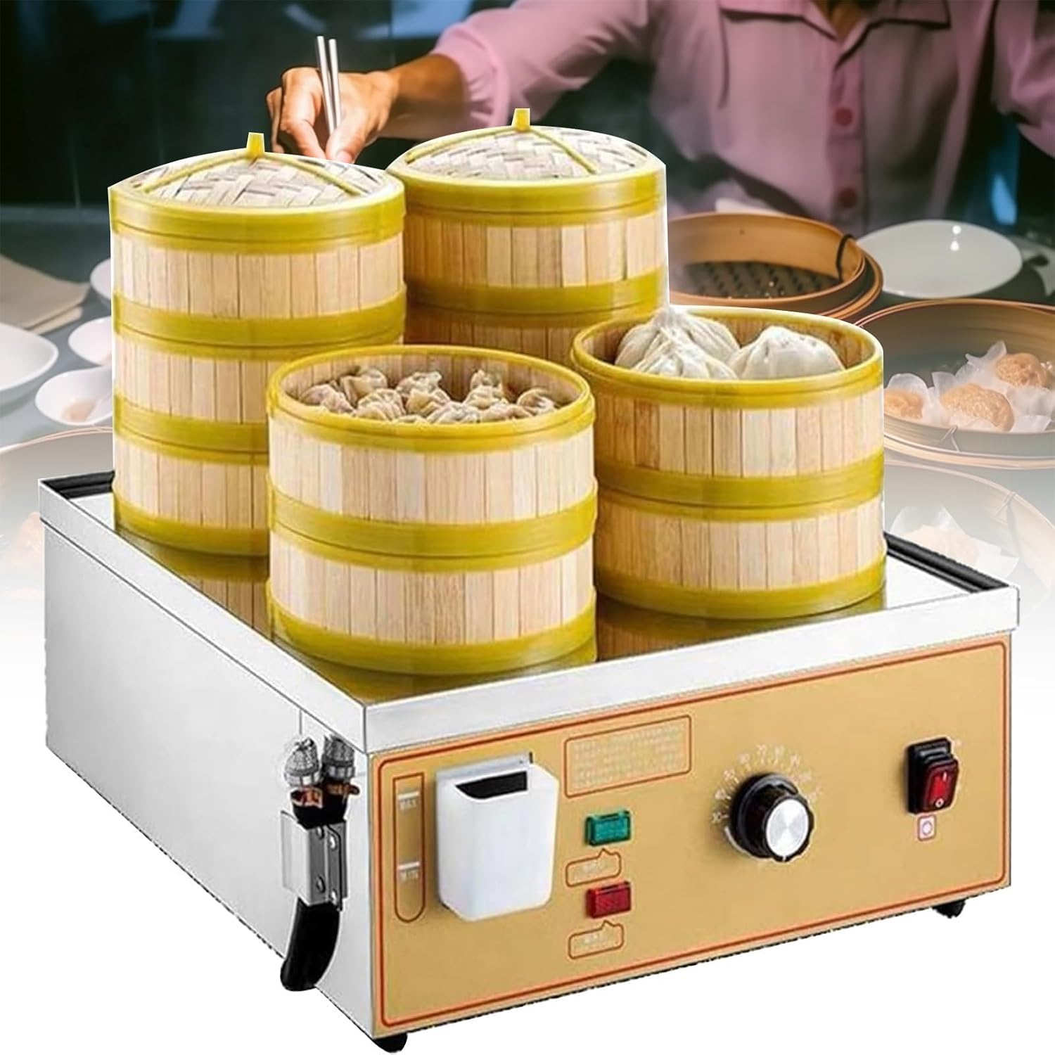 Commercial Steamer Bun Machine, 3000W Food Heater,30-110℃ Adjustable Temperature,with Water Filling Port/Dry Boiling Alarm