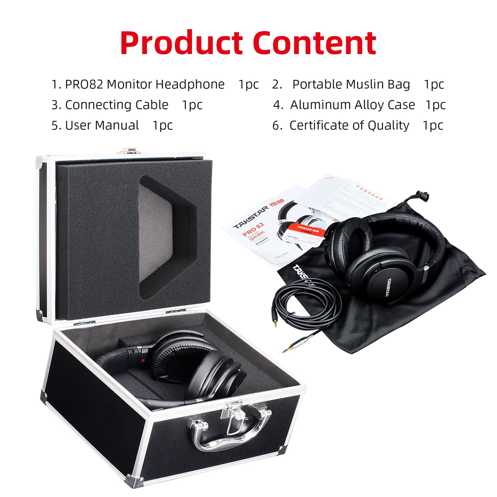 TAKSTAR PRO 82 - Auriculares para monitor de estudio, ajuste de graves de 3 etapas | Controlador dinámico de Ø40 mm, respuesta de 10 Hz-20 kHz, cable desmontable, impedancia de 32 Ω, sensibilidad de 96 ± 3 dB