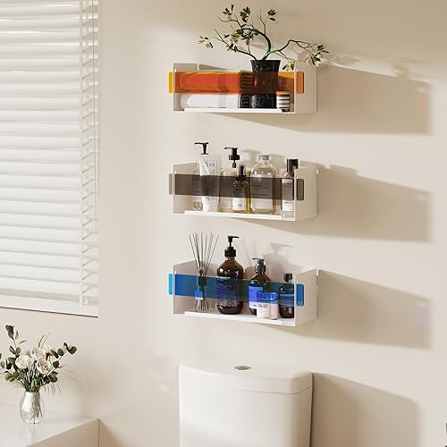 Miniatura 6 de Estante flotante de metal, estante de pared con paneles acrílicos, juego de 3 estantes montados en la pared, almacenamiento de pared, estante de