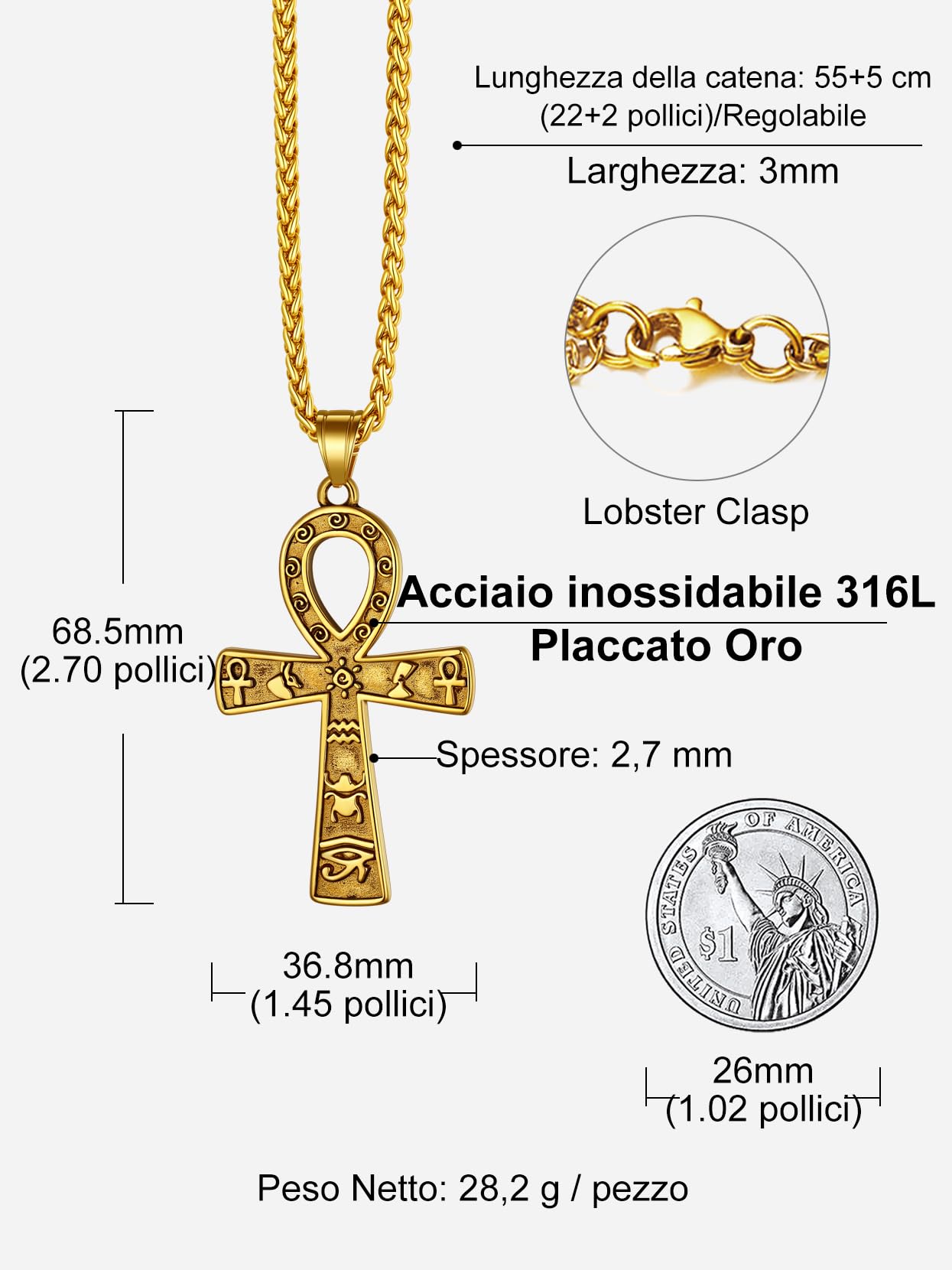Richsteel Collana da uomo con ciondolo a forma di occhio di Horus, con ciondolo a forma di croce egiziana, collana in acciaio inox da 55,9 a 61 cm, con incisione del nome, fornita con confezione