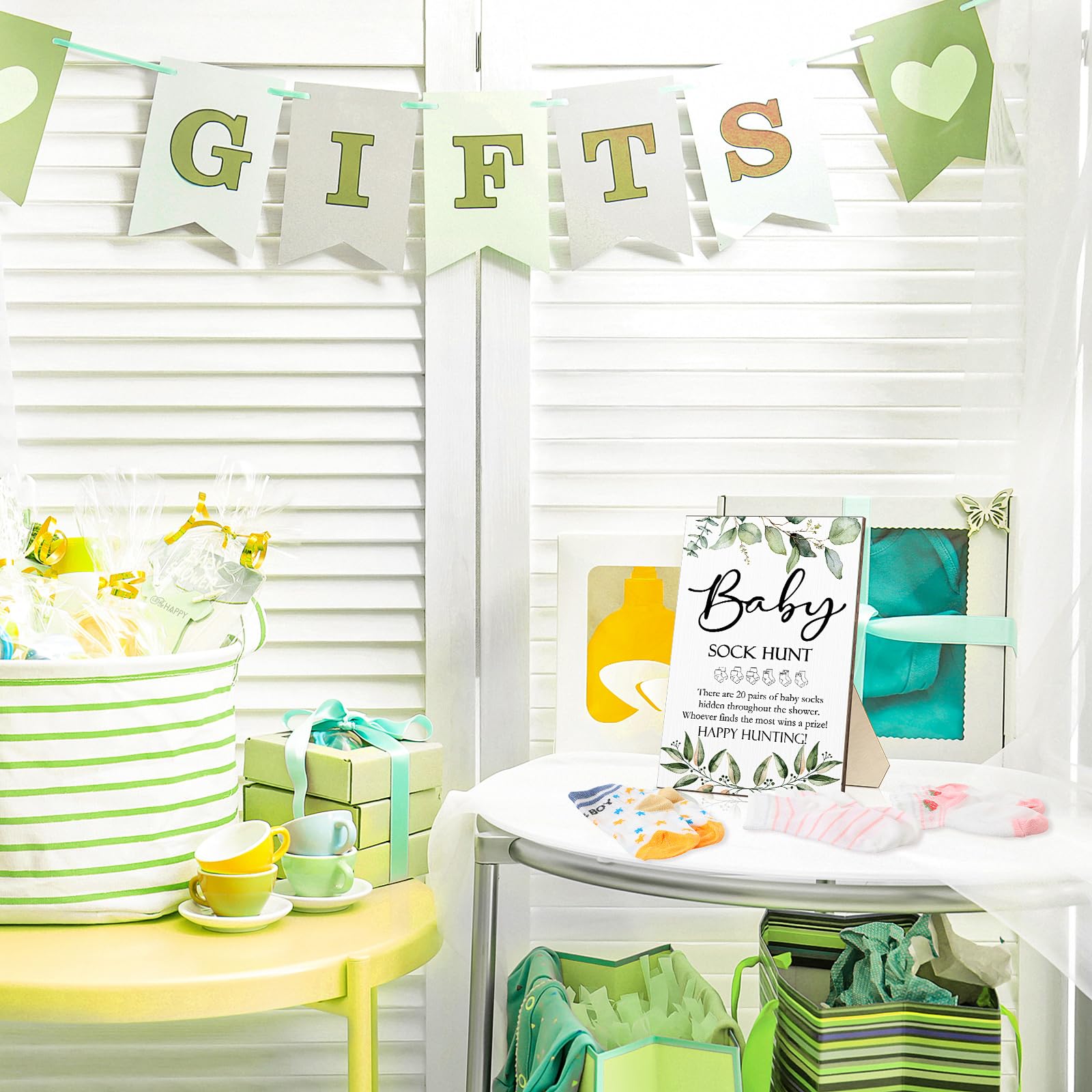 Hoteam 21 Stück Babyparty-Spiele, inklusive Babysocken, Jagdschild und 20 Paar kleine Baumwoll-Babysocken, Holz-Tischschild mit Halter für Jungen und Mädchen, Geschlechtsoffenbarung, Partygeschenke