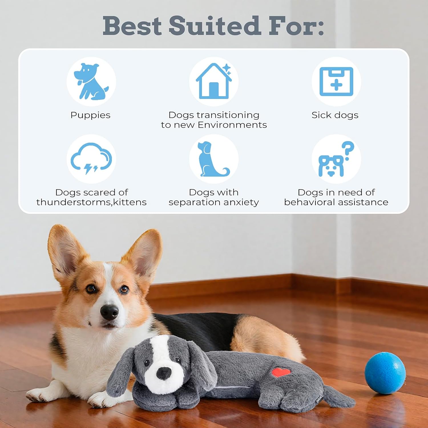 Moropaky Heartbeat Puppy Toys Dog Heartbeat Toy for Anxiety Relief Calming Aid, Heartbeat Stuffed Animal for Puppy Dog Comfort Sleep Aid Crate Training, Puppy Essentials, Dark Gray