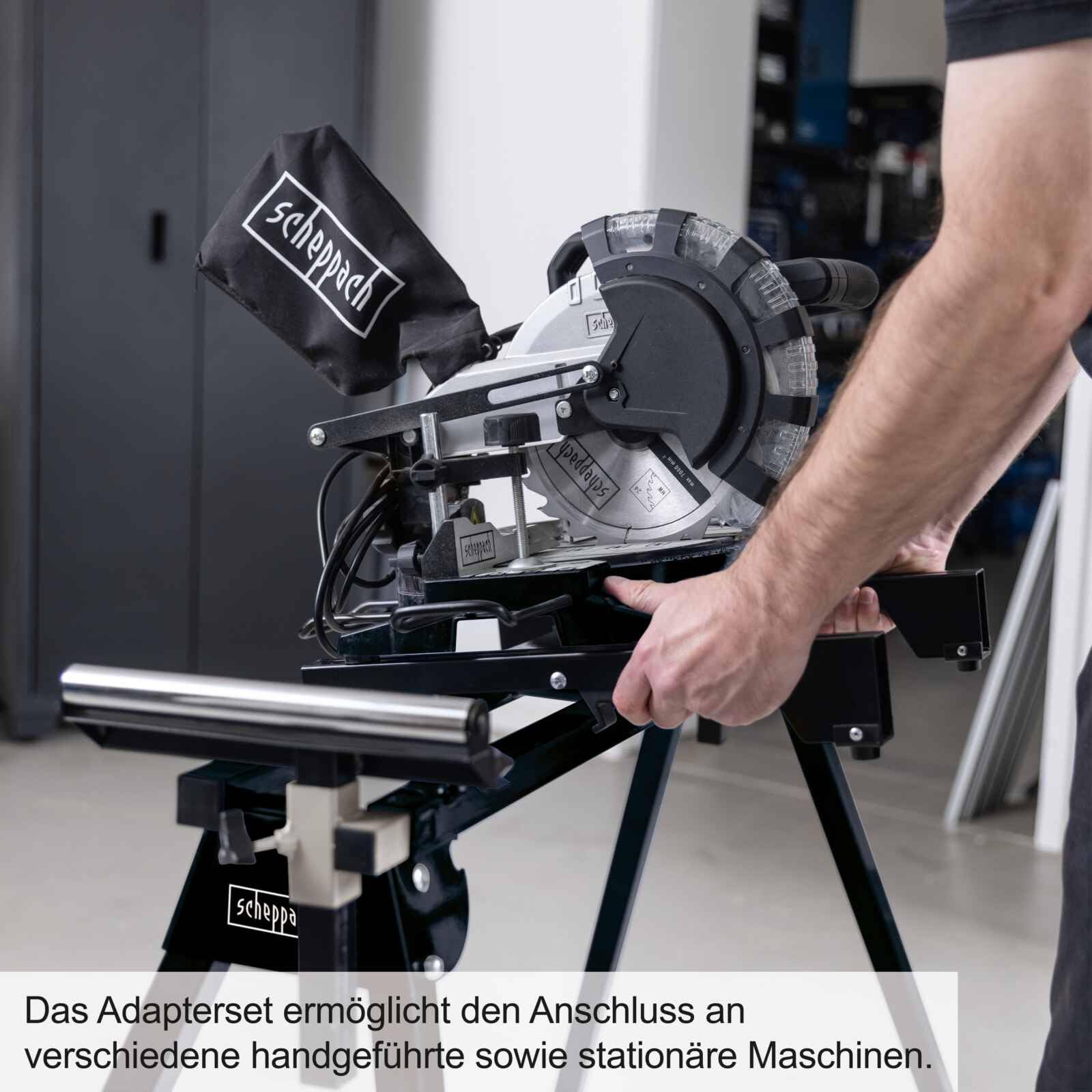 Scheppach Black Universal-Untergestell UUG1550-BE | Arbietshöhe 76,3 cm | Traglast 150 kg | Seitenverlängerung bis zu 194,5 cm | Auflagen höhenverstellbar bis 110mm