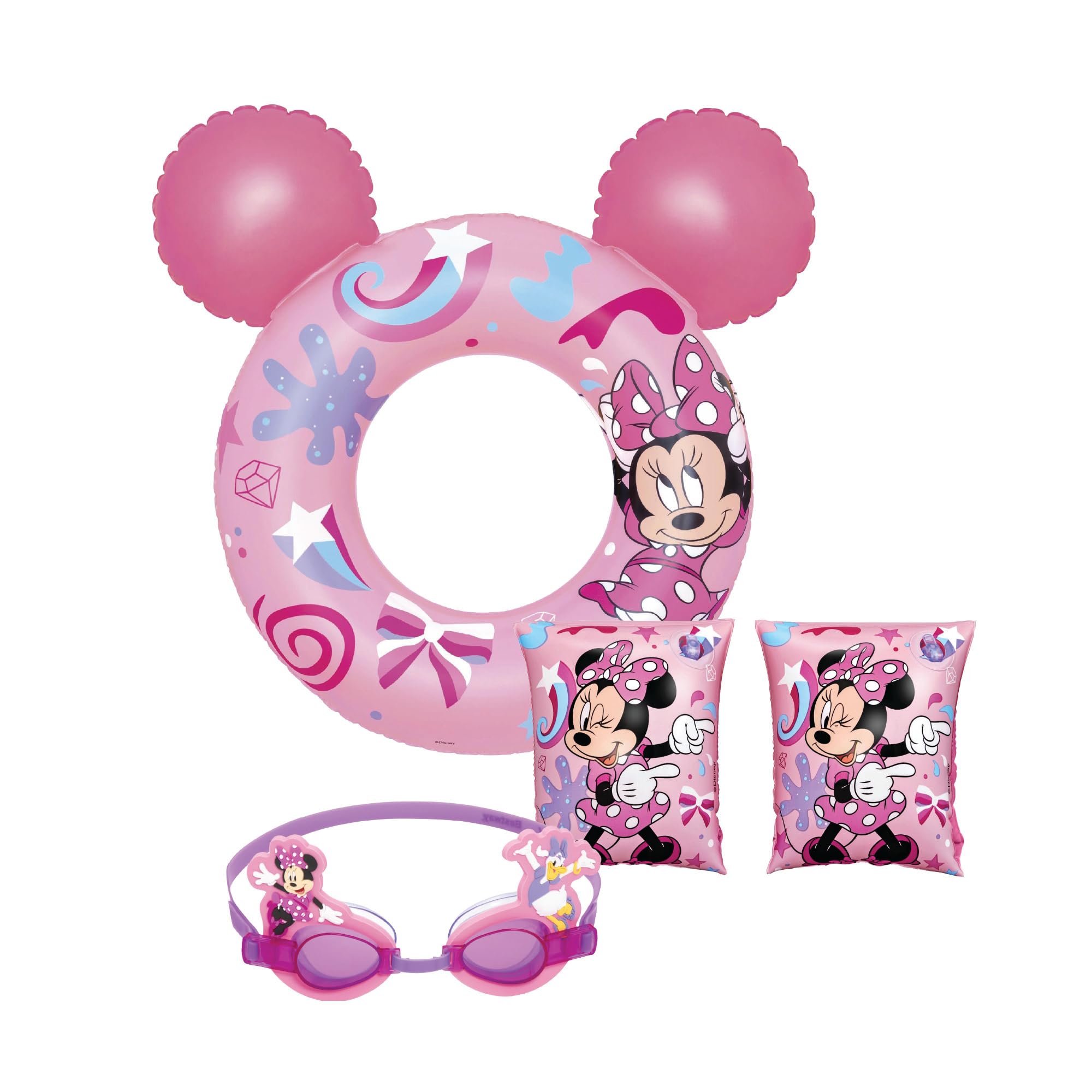 Bestway Minnie Mouse Pool Float Bundle for Kids, Inflatable Pool Float Bundle of 3, Swim Ring Tube, Arm Bands and Swimming Goggles for Swimming Pool Activities