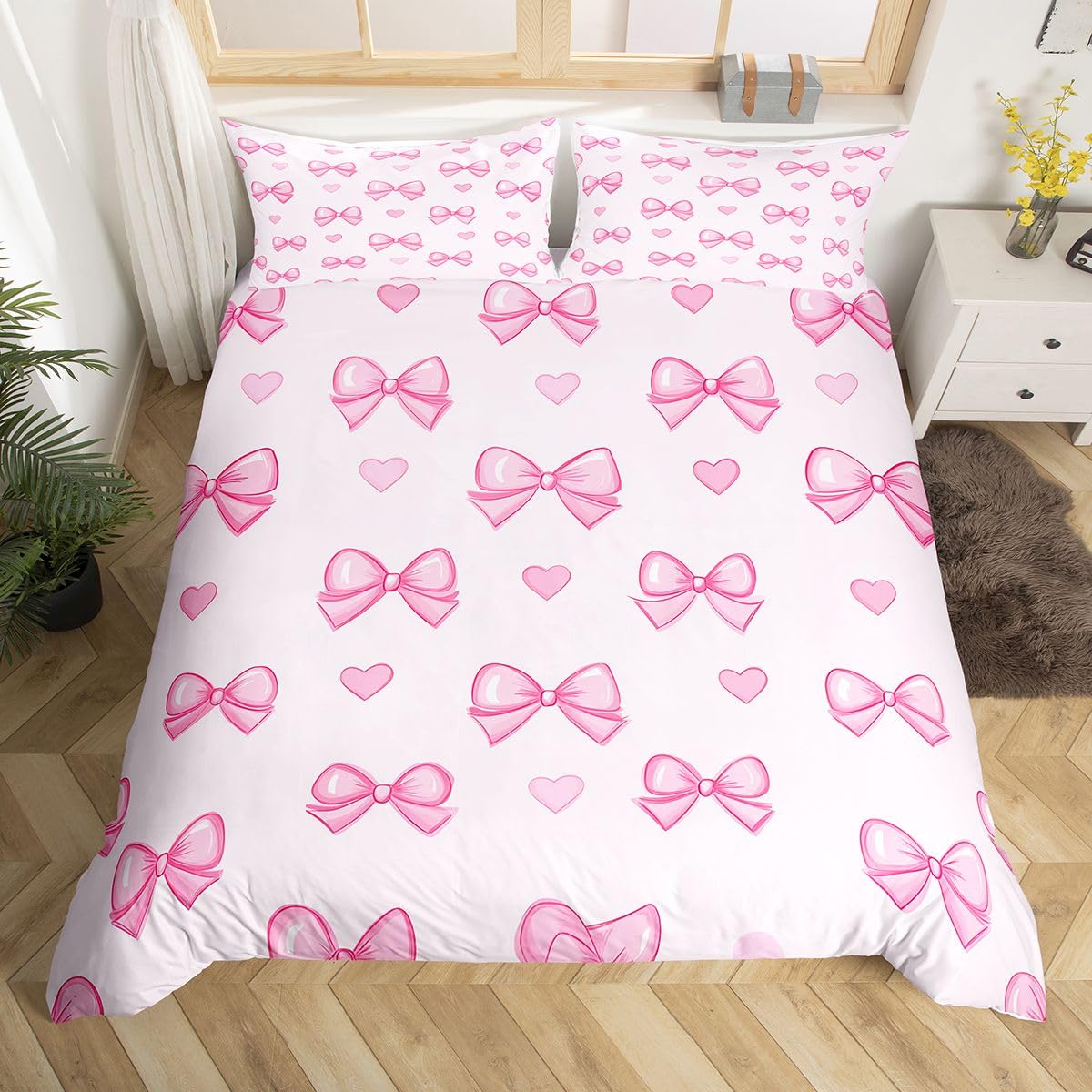 Homewish Juego de ropa de cama doble con diseño de corazones y lazos rosados para niños y niñas, funda de edredón con lazo de princesa, bonito juego de cama