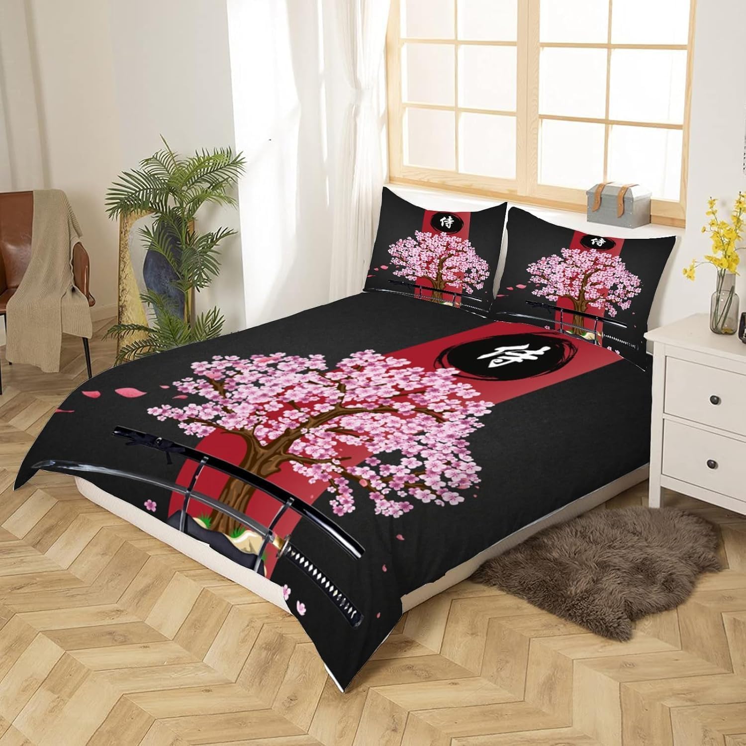 Pościel 200 x 200 cm, japońskie kwiaty wiśni, pościel 3D, japońskie kwiaty wiśni, zestaw pościeli 200 x 200 cm + 2 poszewki na poduszkę z zamkiem błyskawicznym ZXC1826