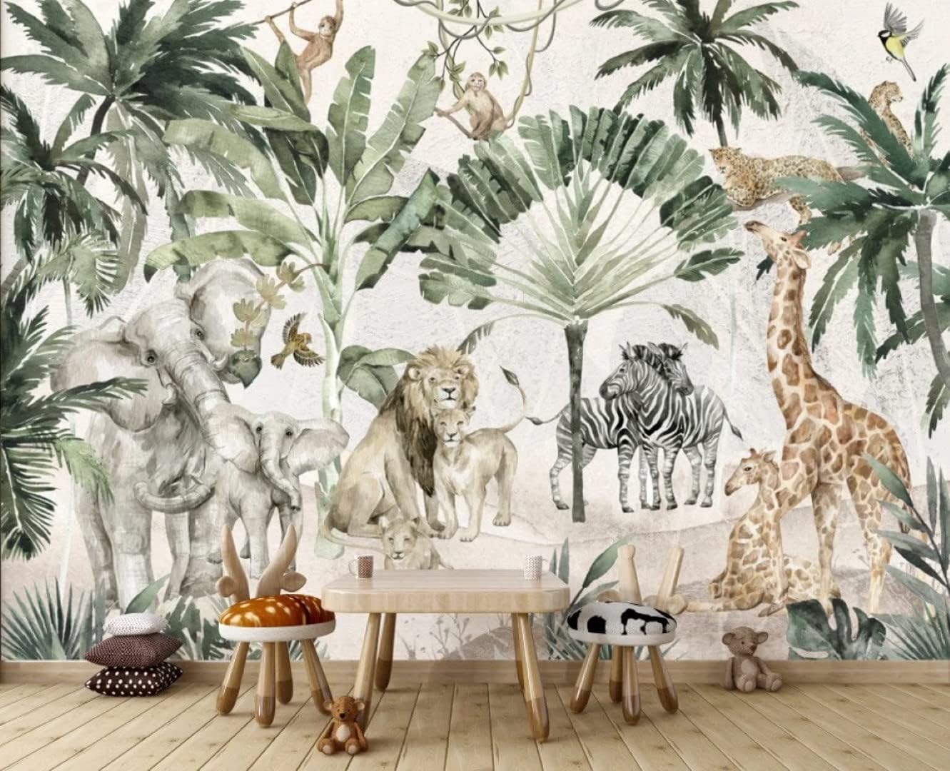 Wild African Animals in Tropical Jungle Wallpaper Kids Room Nursery Peel and Stick Kindergarten Wall Removable 100''H x 150''W