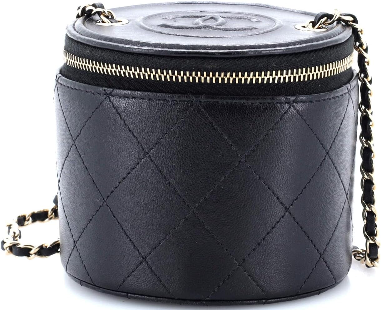 Chanel, Pre-Loved CC Round Vanity Case with Chain Quilted Lambskin Mini, Black