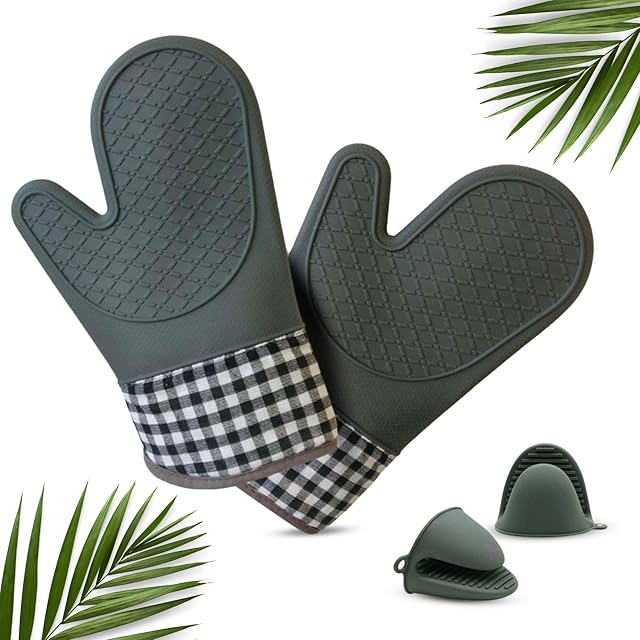 McGrow Oven Mitts Heat Resistant with 2 Silicone Finger Grippers - Silicone Kitchen Gloves with mini Potholders - Oven Mittens with Resistant Pinch Covers ideal for Cooking, Baking, Grilling, Barbecue
