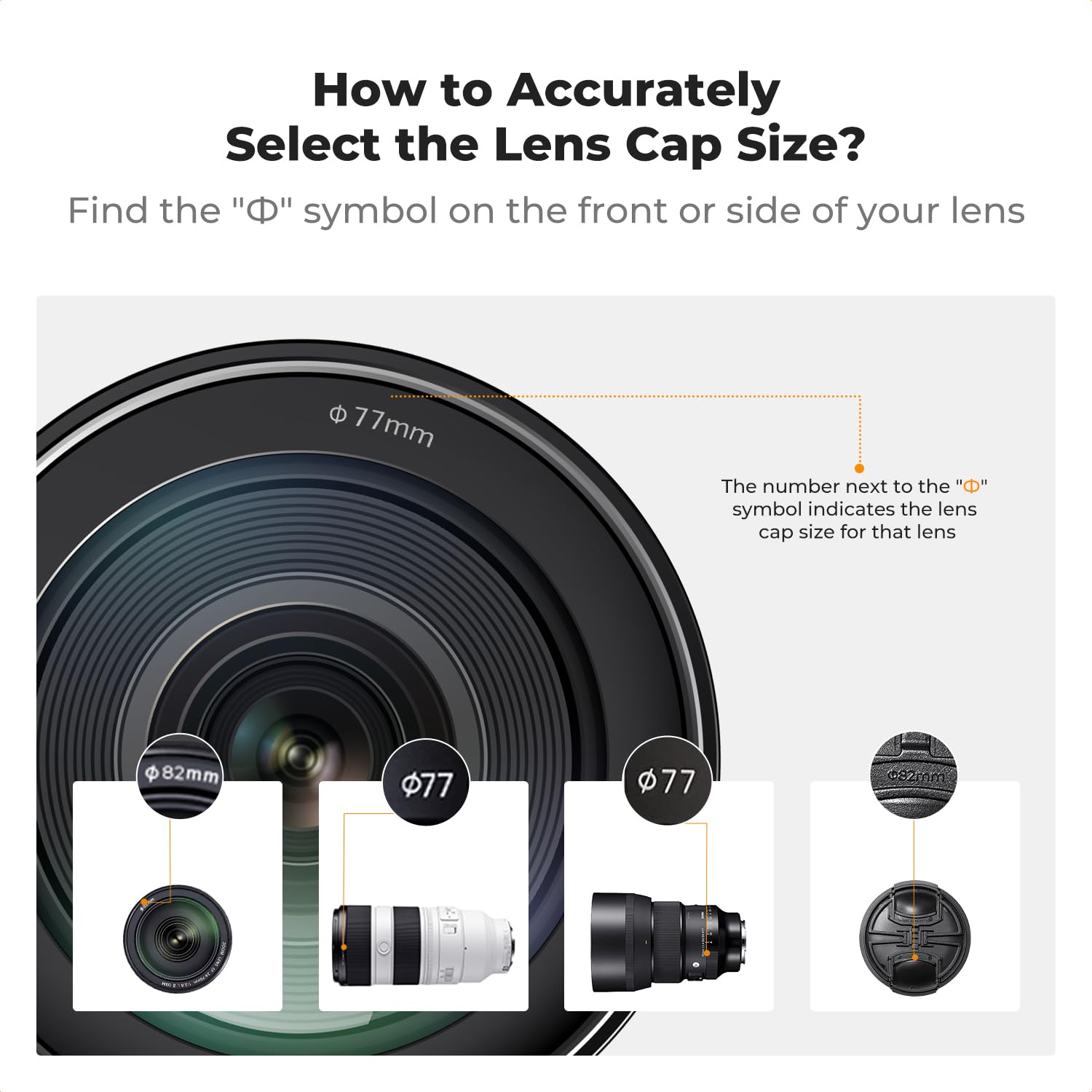 K&F Concept 1 Uniwersalny dekielek na obiektyw 86 mm do aparatów Canon Nikon Fujifilm Olympus Panasonic, 1 pasek mocujący dekielek na obiektyw, 2 ściereczki czyszczące z mikrofibry (4 w 1)