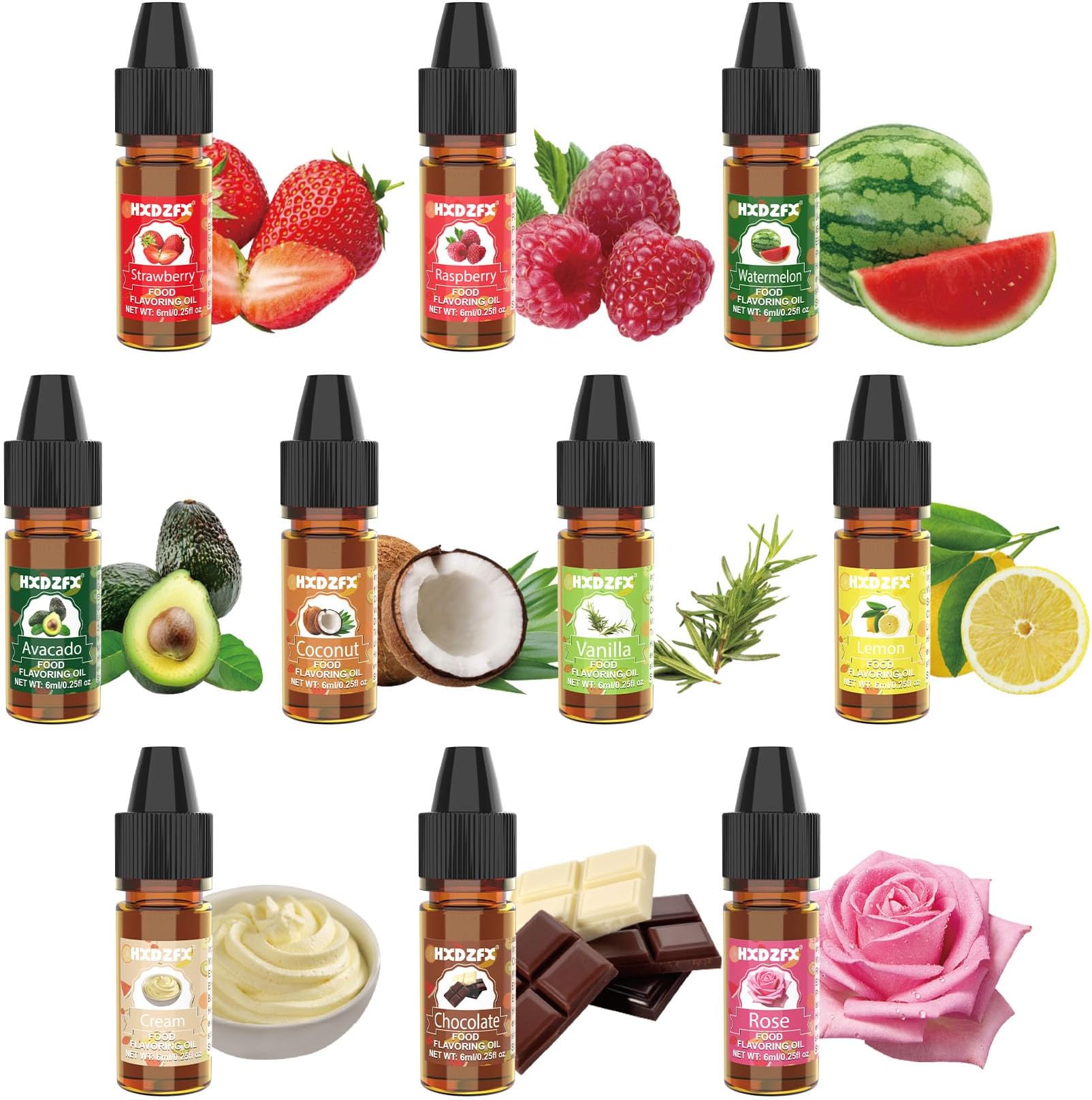 Food Flavoring Oil - 10 Pack Liquid Concentrated Food Flavour Oil for Baking, Cooking - Lip Gloss Flavouring Oil for Lip Balm, Cosmetics, Drink, Soap Making - Water & Oil Soluble - 6ml