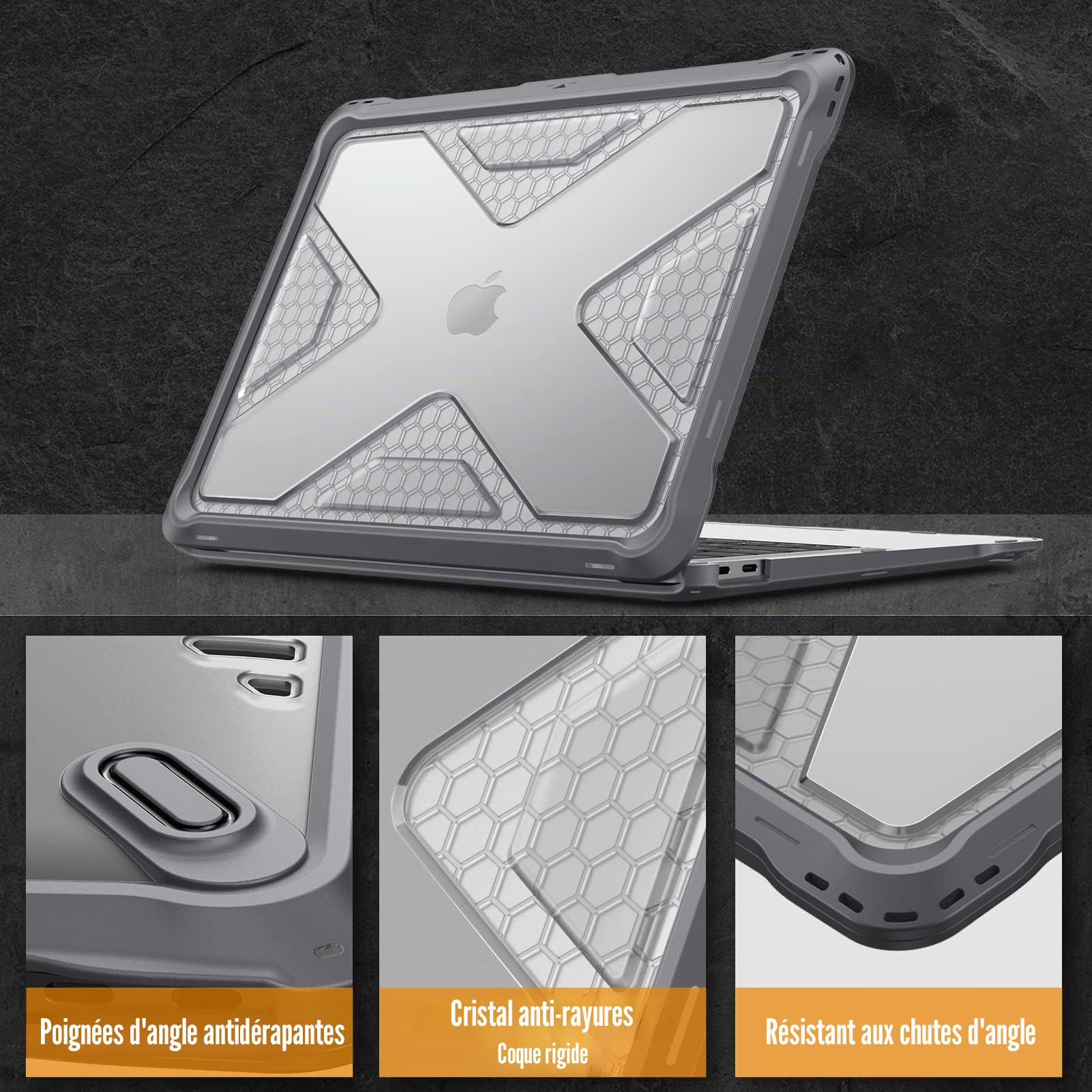 FINTIE Coque Compatible avec MacBook Air 13 2020 2019 2018, Modèles A2337 (M1) / A1932 / A2179, Etui Rigide Hybride Robuste Coque Transparente Antichoc en TPU Protection, Gris