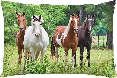 EKOBLA Funda de almohada con diseño de caballos, caballos marrones y blancos, estampado de animales, grupo de vida silvestre, hojas verdes, árboles,