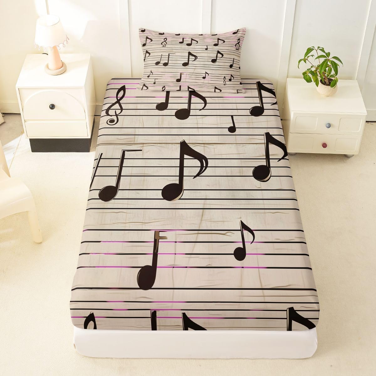 Erosebridal Retro Music Note Bedding Set Twin Musical Stave Fitted Sheet Geometric Striped Bedding Set for Kids Girls Teens Adults Vintage Fashion Music Lovers Sheets 2 Pcs