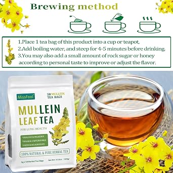 Mullein Leaf Tea, Mullein Leaf Tea Bags for Respiratory, Natural Mulleins Teas for Lung, Natural Herbal Teas, Caffeine-free, Sugar-free (50 Pcs 1 Bag, Mullein Leaf Tea)