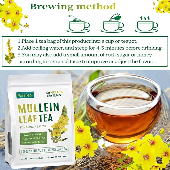 Mullein Leaf Tea, Mullein Leaf Tea Bags for Respiratory, Natural Mulleins Teas for Lung, Natural Herbal Teas, Caffeine-free, Sugar-free (50 Pcs 1 Bag, Mullein Leaf Tea)