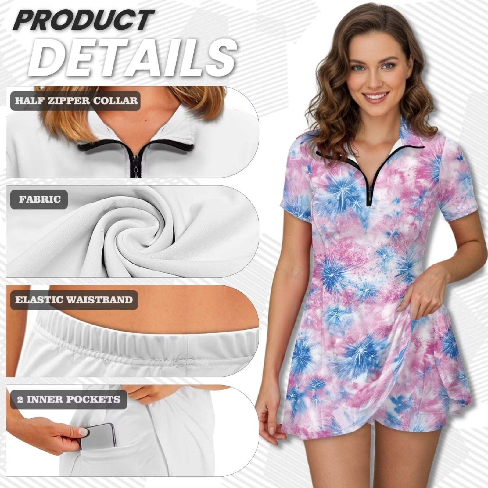 chaqlin Vestito da tennis da donna con pantaloncini, abito da tennis con risvolto da donna, skort sportivo, atletico, corsa, abiti estivi per le donne