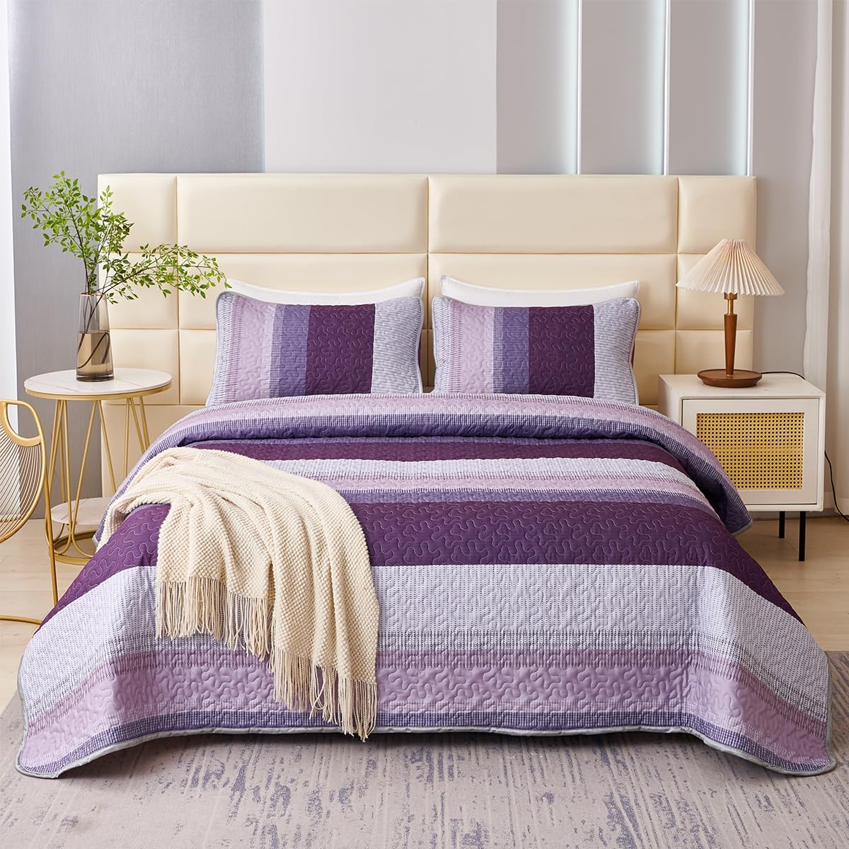 PERFEMET Purple Quilt King Size 3 Pieces Purple Grey