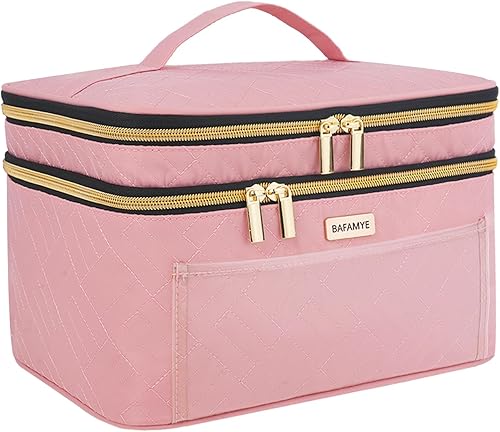 BAFAMYE Bolsa de maquillaje de viaje de doble capa para mujer, estuche grande para cosméticos, organizador para accesorios de tamaño de viaje,