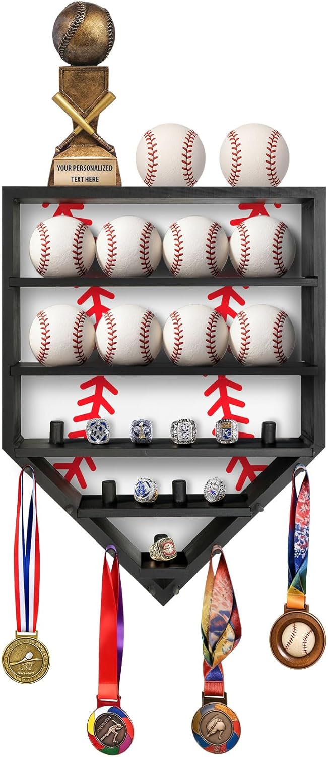 Baseball Ring Display Case - Solid Wood Wall Mounted Baseball Holder for Balls, Championship Rings, Medals & Trophies - Perfect Baseball Fan Gift (Black)