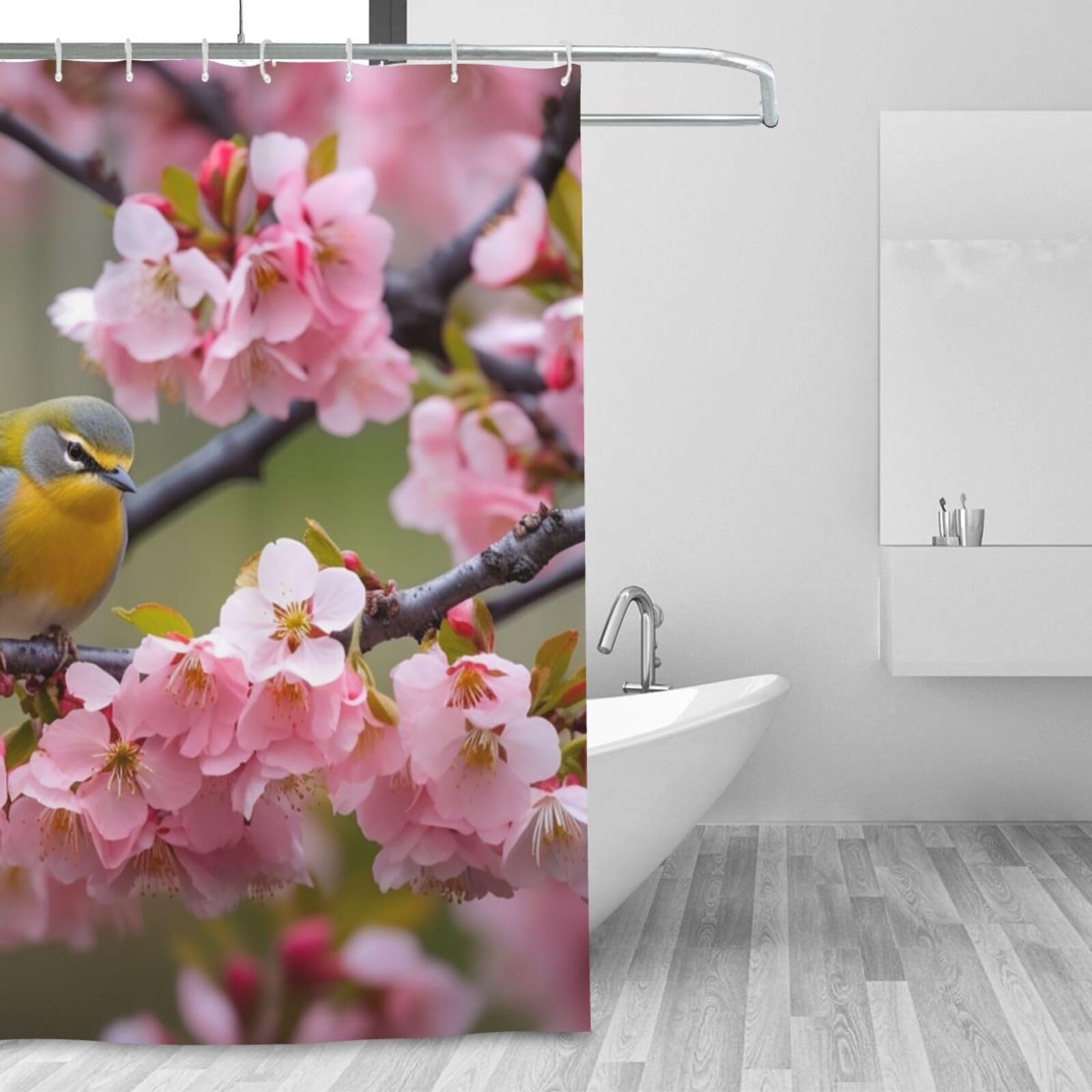 Rideau de douche moderne oiseau dans un pêcher pour une salle de bain zen et chaleureuse