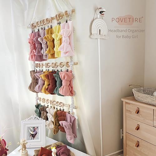 Miniatura 2 de POVETIRE Soporte para diadema para bebé, organizador de almacenamiento de accesorios y lazos para el cabello, decoración para colgar en la pared