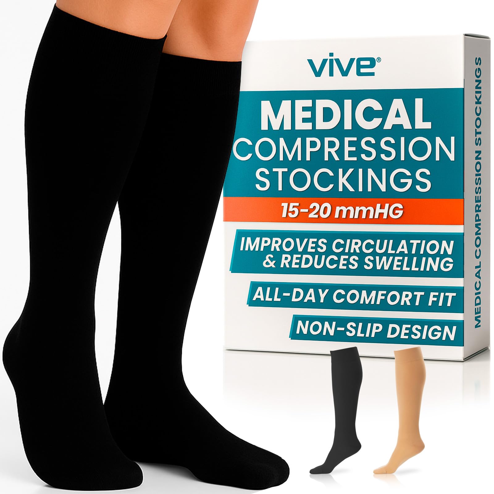 Vive Knee High Compression Socks for Women & Men – 15-20mmHg Medical Support Stockings for Varicose Veins, Swelling, Soreness & Airplane Travel –